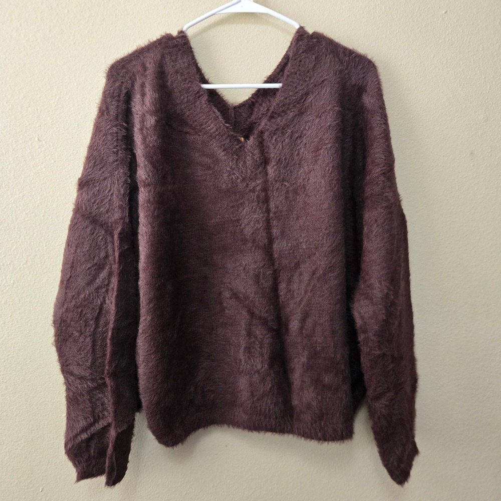 POL Eyelash Fuzzy Knit V-Neck Sweater Brown BST188 Womens Medium